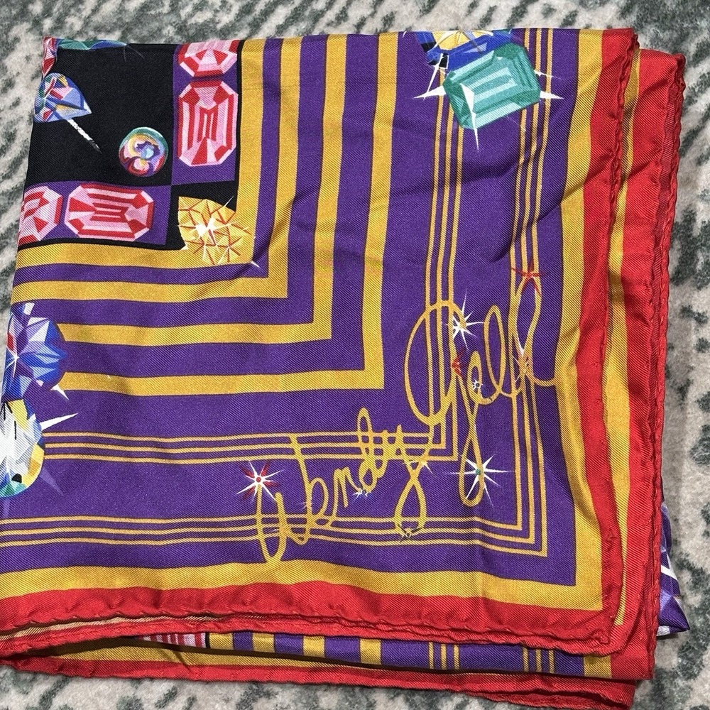 vintage 90s Wendy Gell silk scarf Gemstone Print Whimsical 34x34